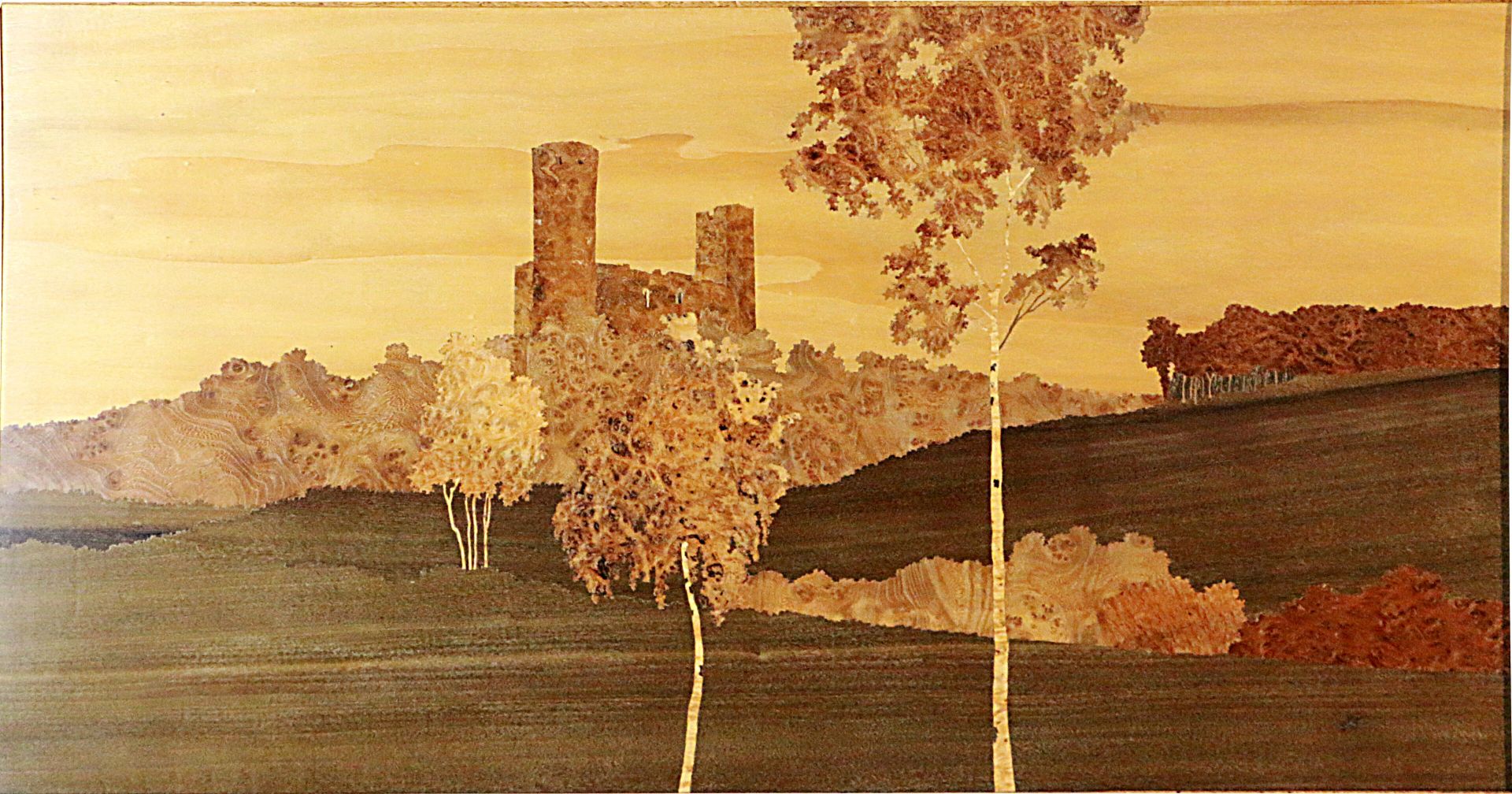 SPINDLER 
"Vue du château d'Andlau" 
Marqueterie rectangulaire 
Signée en bas à &hellip;