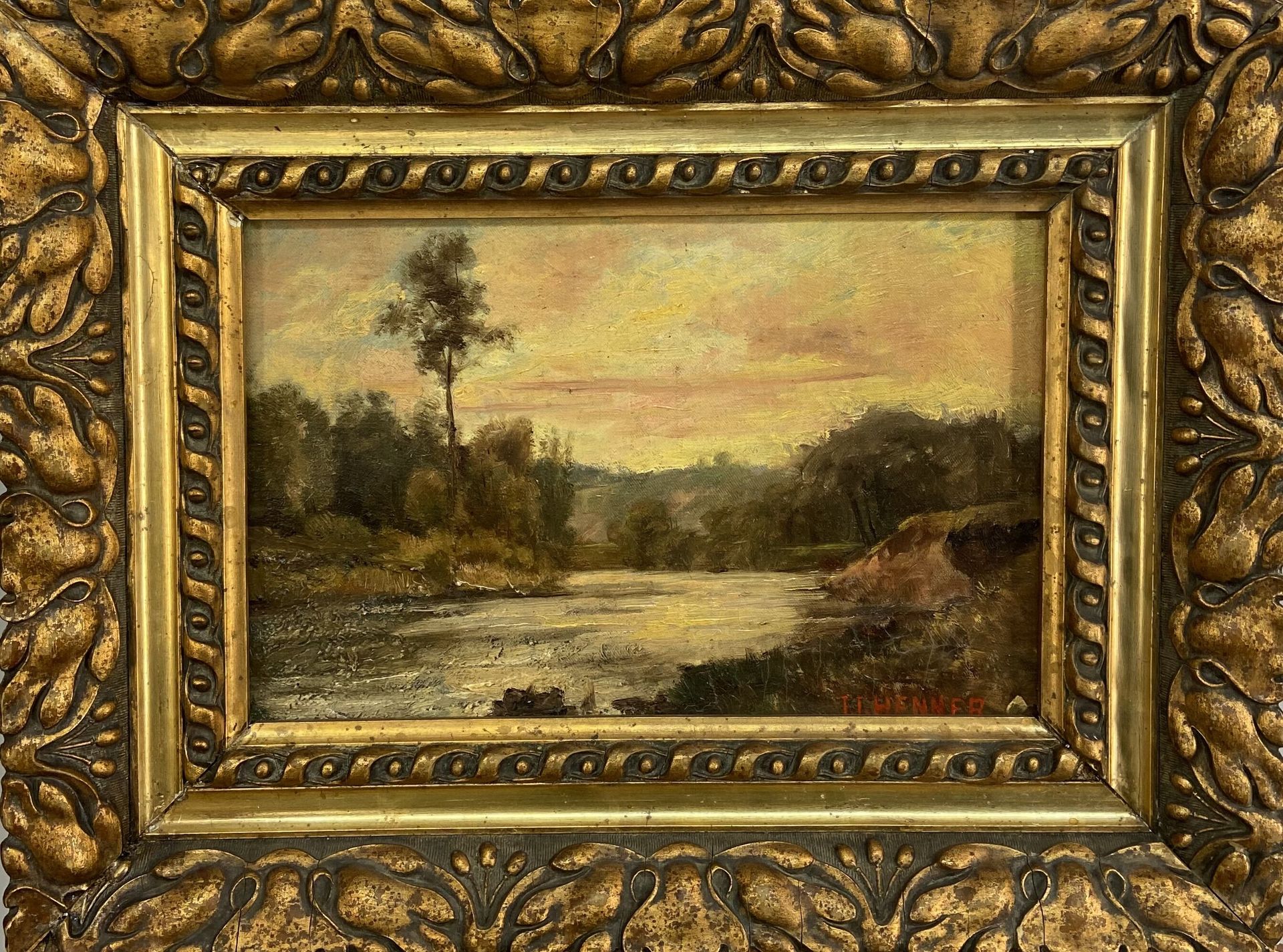 École du XIXe siècle 
"Paysage à la rivière" 
Huile sur toile 
Signature apocryp&hellip;
