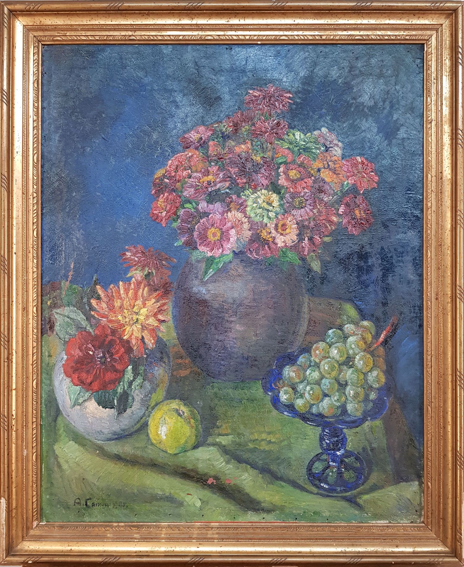 Auguste CAMMISSAR (1873-1962) 
"Nature morte au bouquet et au raisin" 
Huile sur&hellip;