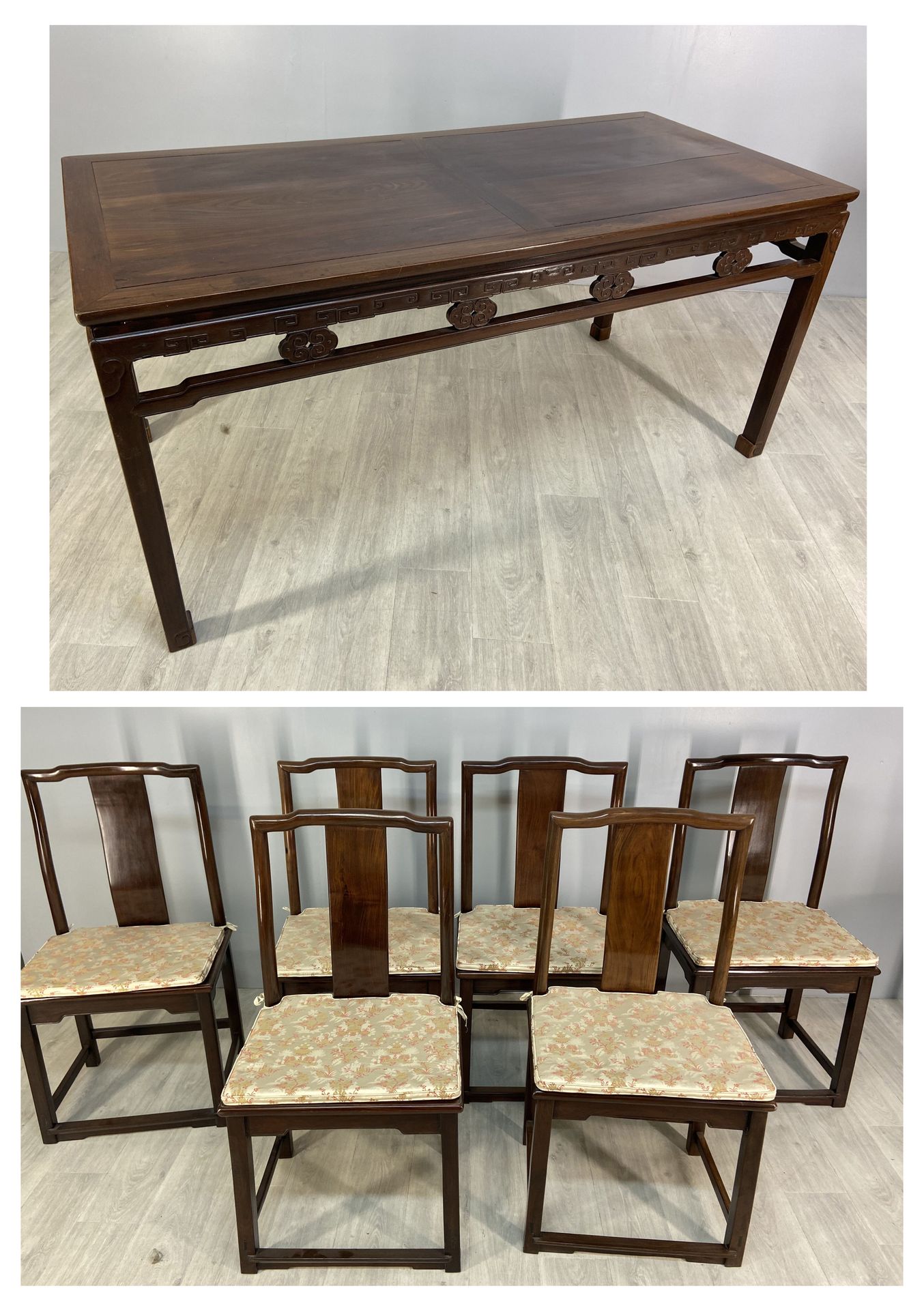 SEPT MEUBLES : 
- Six chaises en bois de placage à décor sculpté, dossier ajouré&hellip;
