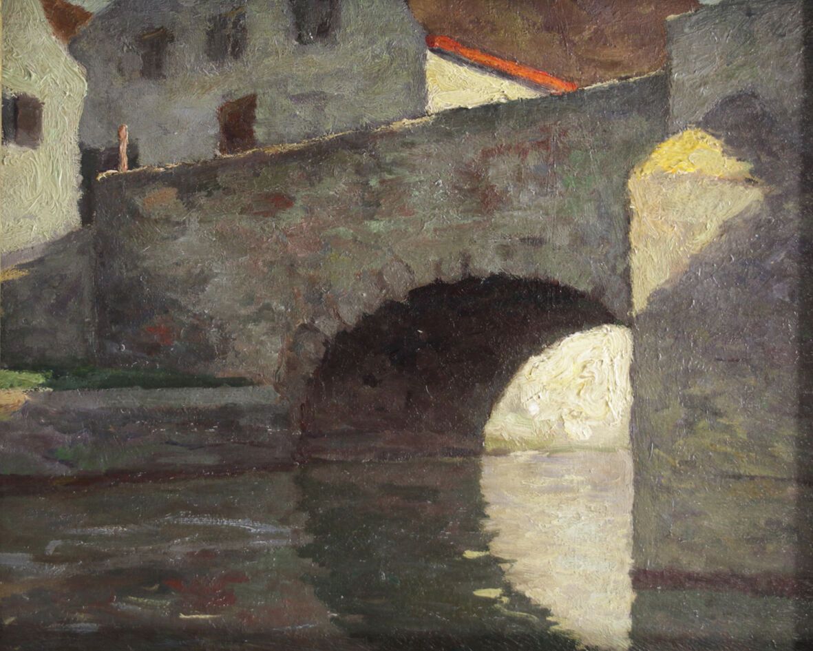 Hans MATHIS (1882-1944) 
"Le pont" 
Huile sur toile 
Signée et datée 11 en bas à&hellip;
