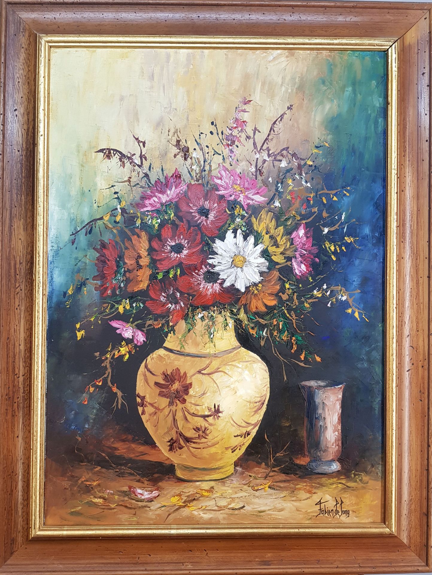 Fabien DE JONG (XXe) 
"Bouquet champêtre" 
1984 
Huile sur toile 
Signée en bas &hellip;
