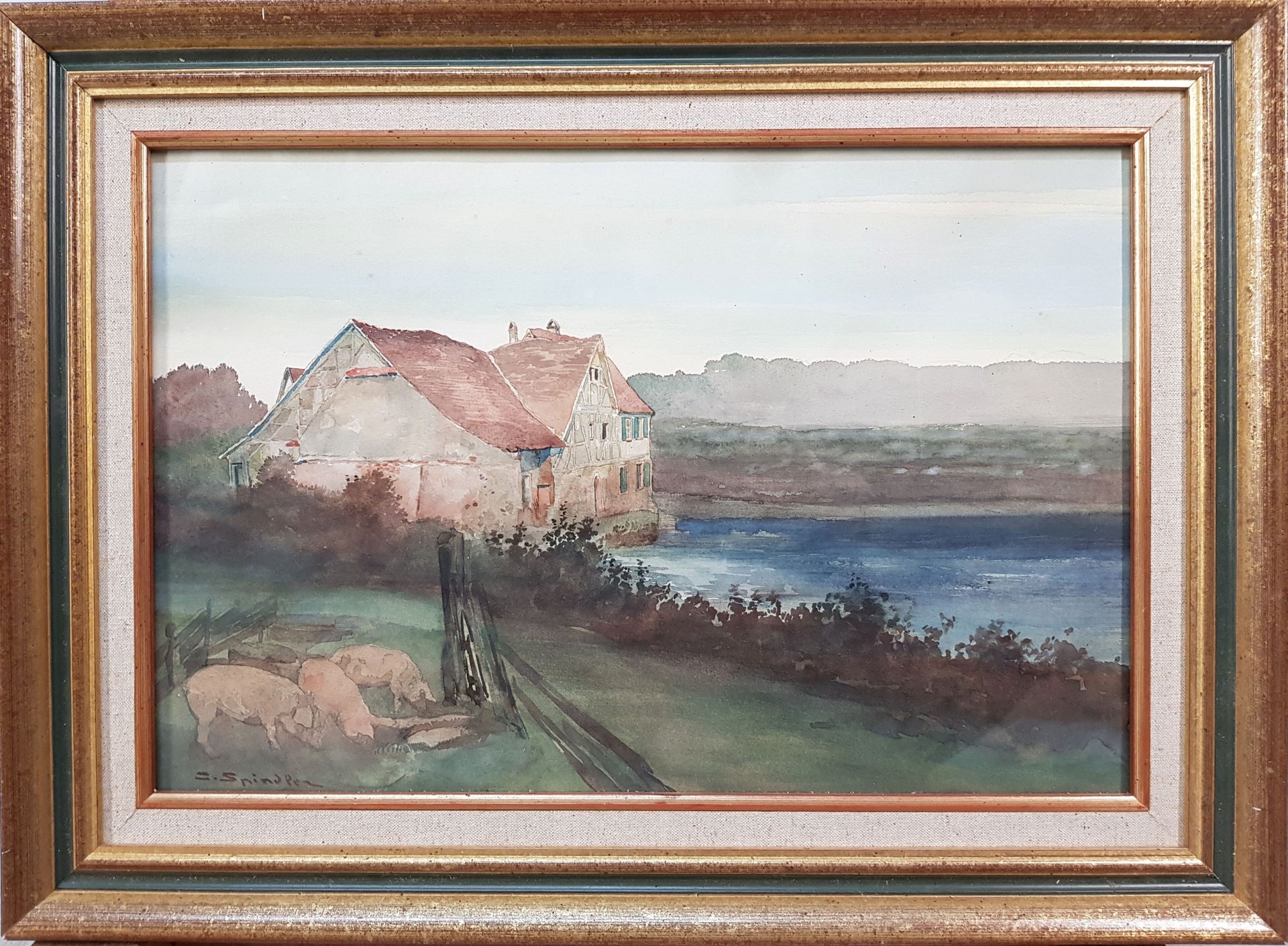 Null 查尔斯-斯宾德勒 (1865-1938)

"阿尔萨斯山庄"。

玻璃下的水彩画框架

左下方有签名

高30 x 宽45,5厘米

略微褪色，玻璃已&hellip;