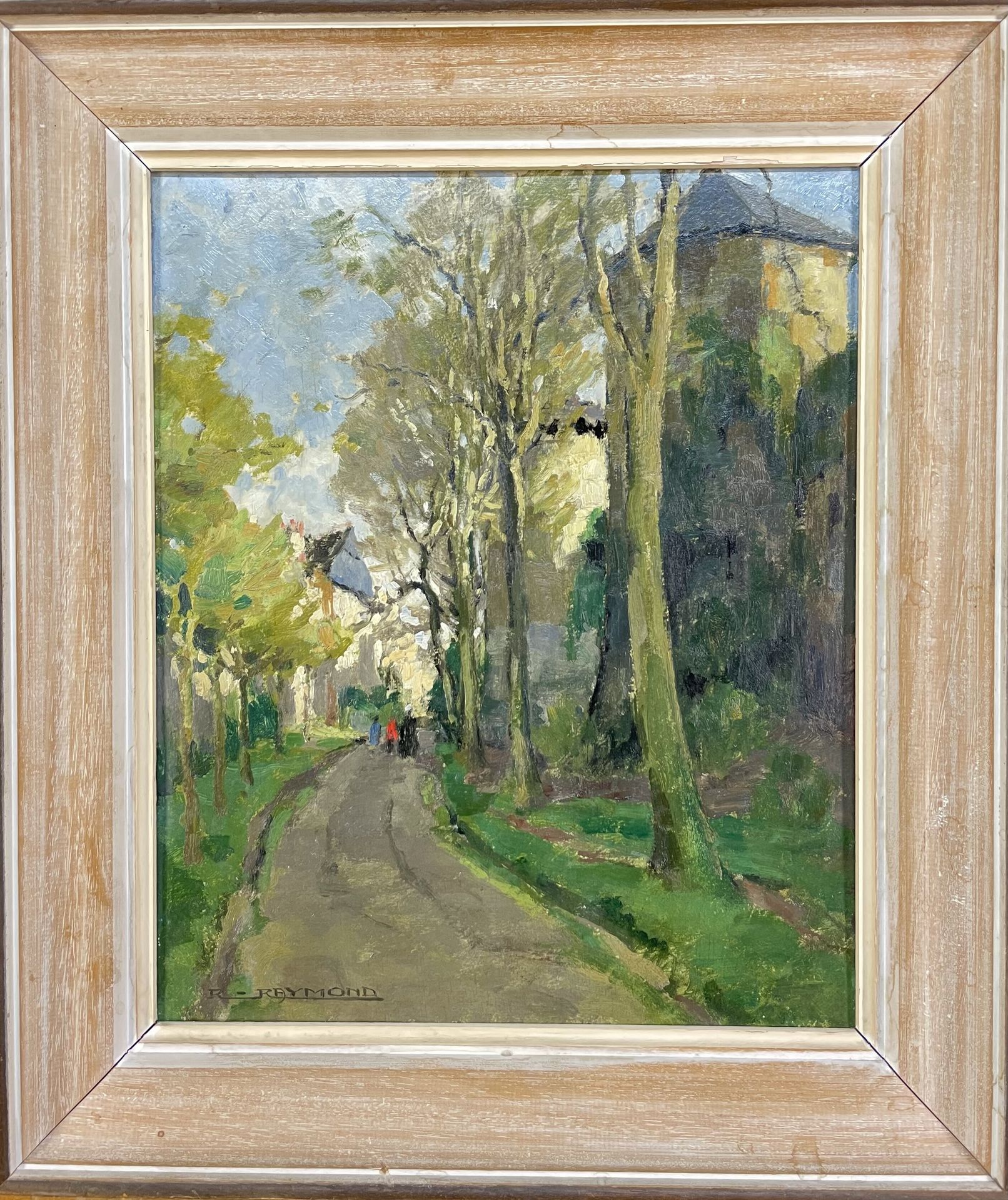 Null Robert M. RAYMOND (XIX-XXe)
"Promenade arborée" 
Huile sur panneau de bois
&hellip;