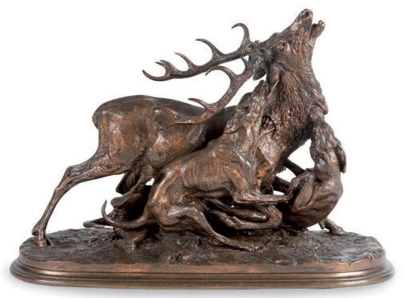 Pierre-Jules Mene (1810-1879) Chasse au cerf n°2. Groupe en bronze à patine brun&hellip;