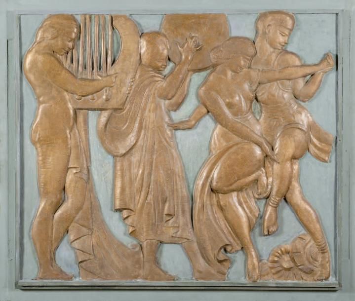 TRAVAIL FRANÇAIS Important bas relief. Plâtre, dorure à l'or fin. 127 x 150 cm. &hellip;