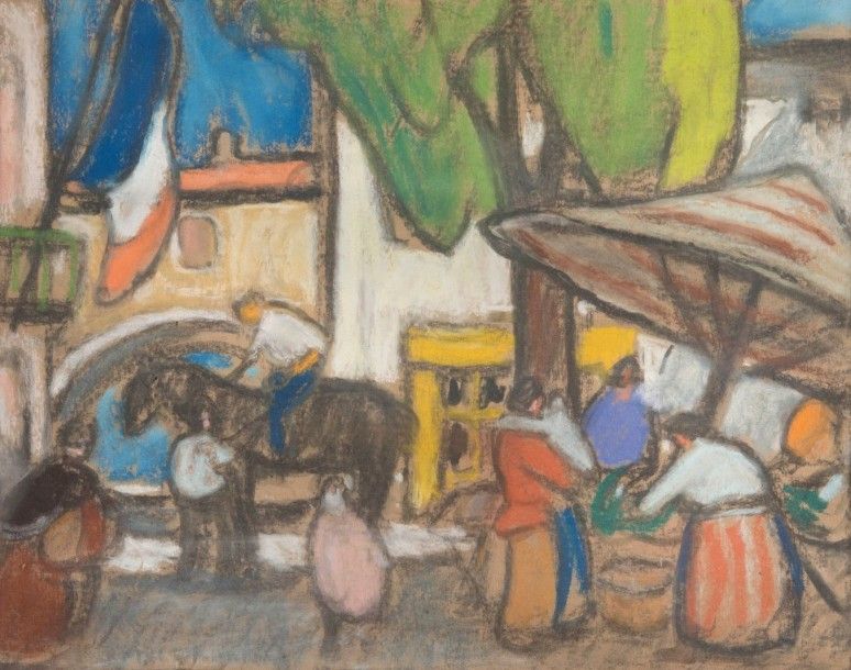 Louis Mathieu VERDILHAN (1875-1928) Scène de marché. Pastel. 37 x 47 cm