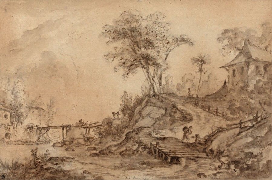 Jean-Baptiste LEPRINCE (1734-1781) 
Paysage aux ponts de bois et fermes
Plume et&hellip;