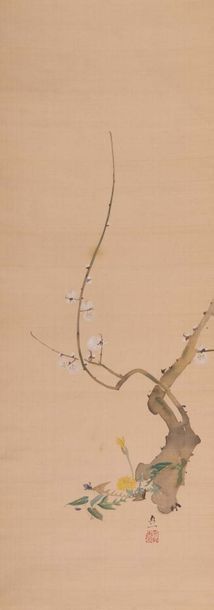 Null Encre polychrome sur soie, cerisier en fleurs Japon - E?poque MEIJI (1868 -&hellip;