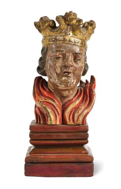 ROI DAMNE Elément en bois sculpté doré et polychromé représentant une tête d'hom&hellip;
