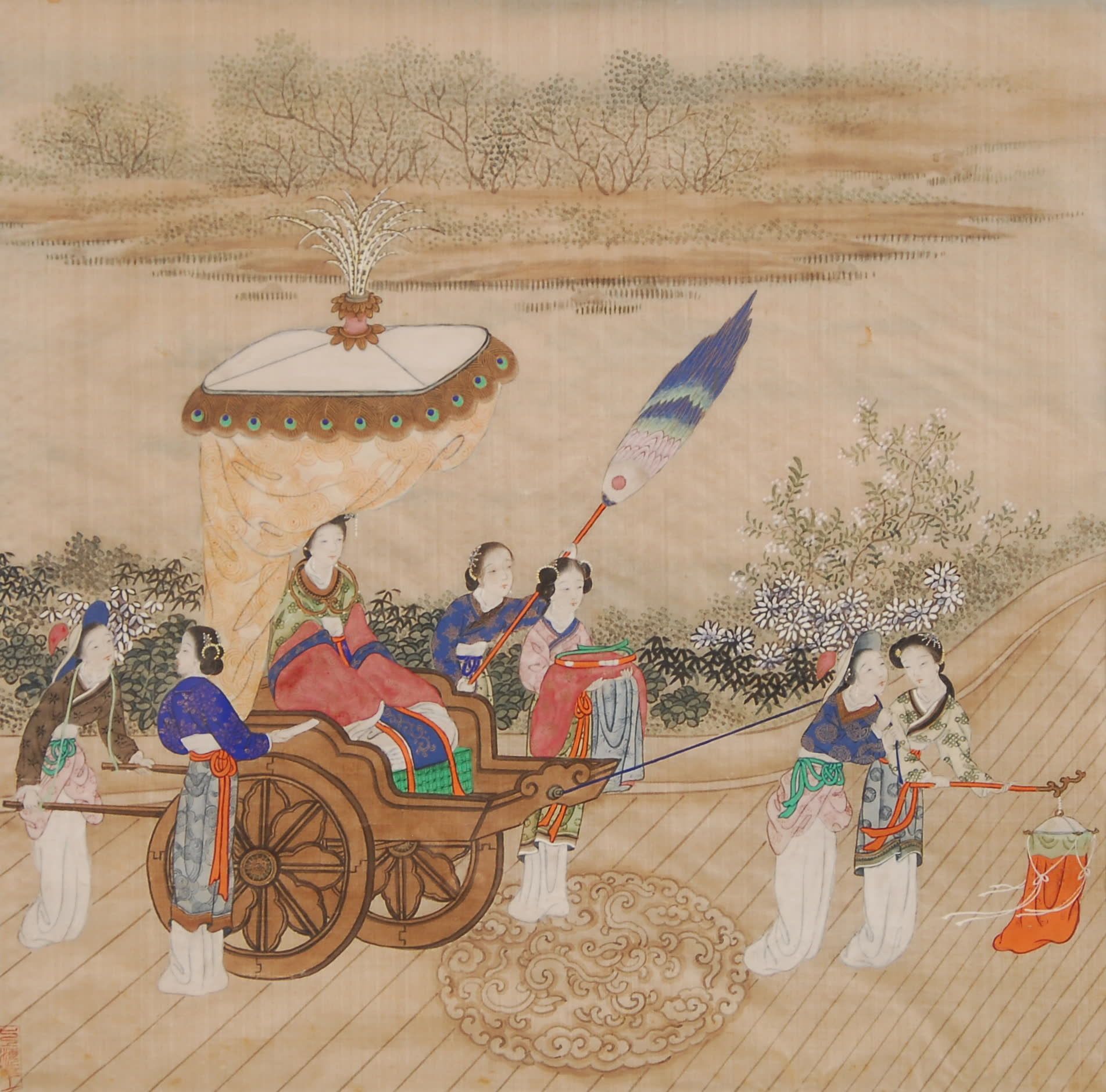 Null 坐在战车上的年轻女子被女士们包围着
绢上绘画。

中国，标记。
38.5 x 38.5厘米。