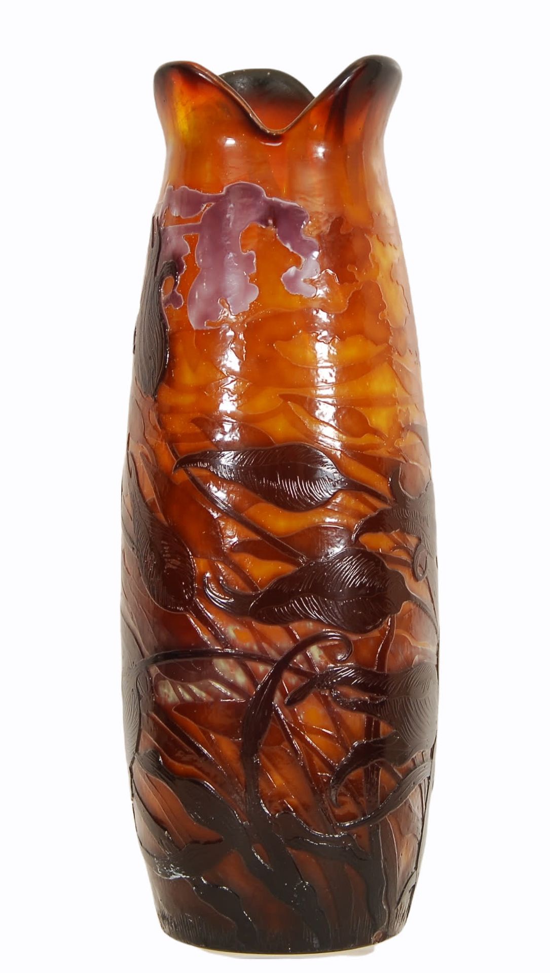 GALLE Vase à col évasé
Verre dégradé d'orange et triplé aubergine et lila. 

Mar&hellip;