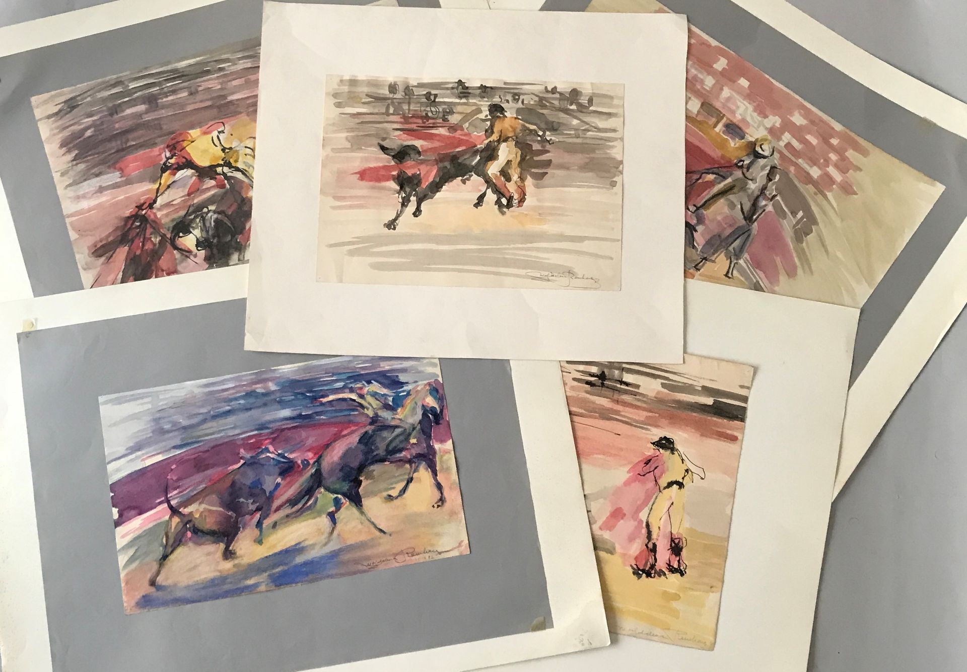 Null 
MAGDALENA REINHAREZ (1925-2012) Scènes de tauromachie Lot de 5 aquarelles &hellip;
