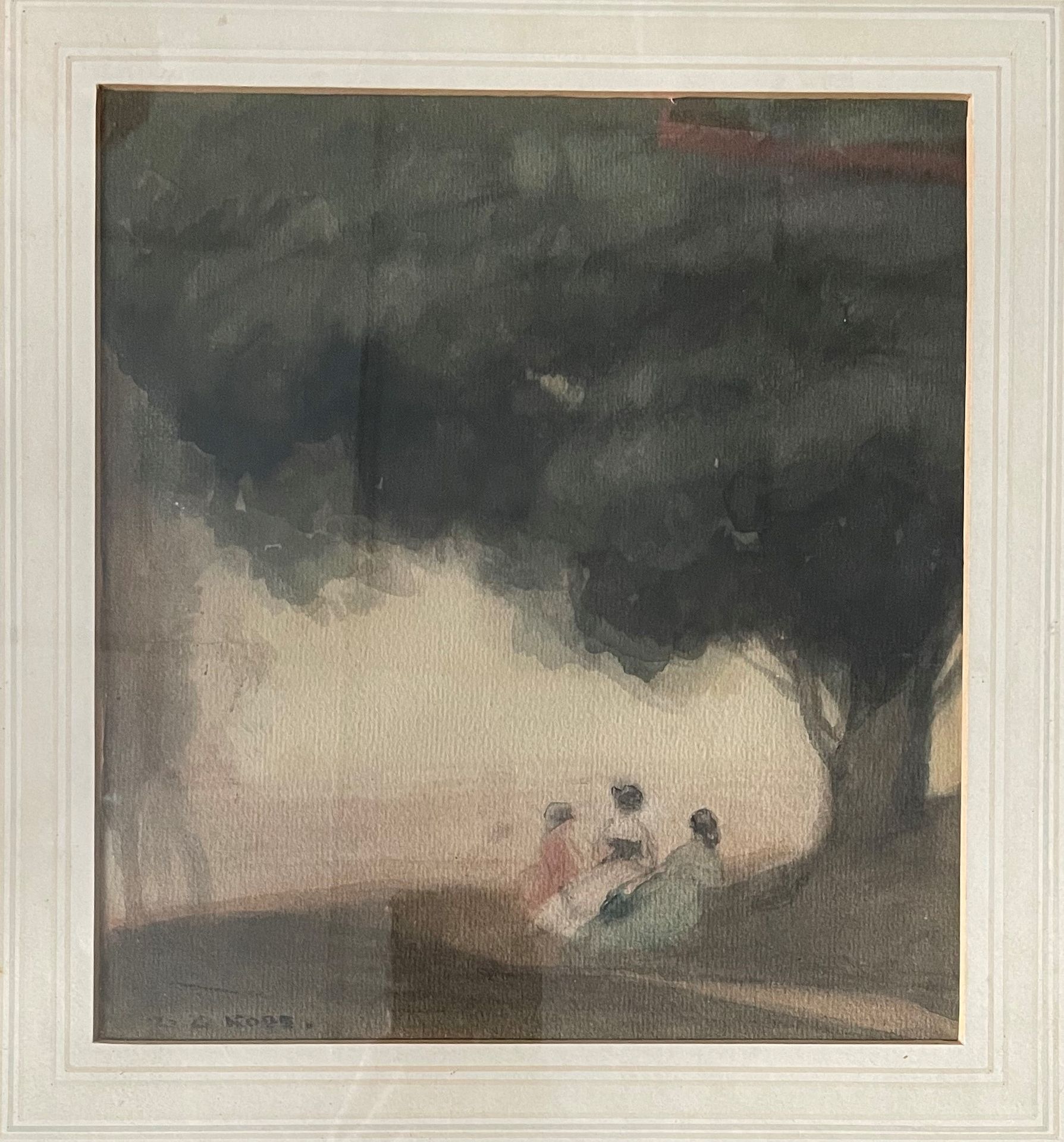Null 威廉-罗布(1872-1940) 故事 树下的年轻女孩 水彩画，左下角有签名，玻璃下有框架（背面有标签）。

22,5x20,5cm
