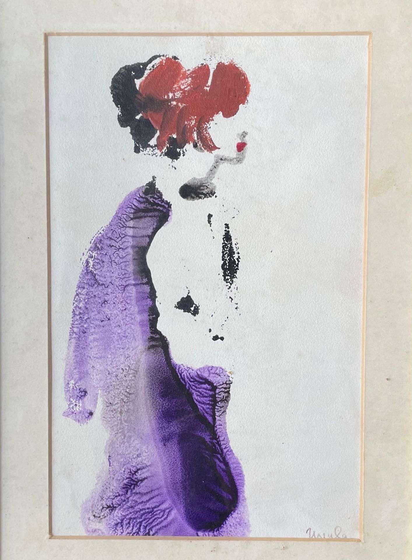 Null URSULA STEINBERG 1982 Donna con cappotto viola acquerello e inchiostro di c&hellip;