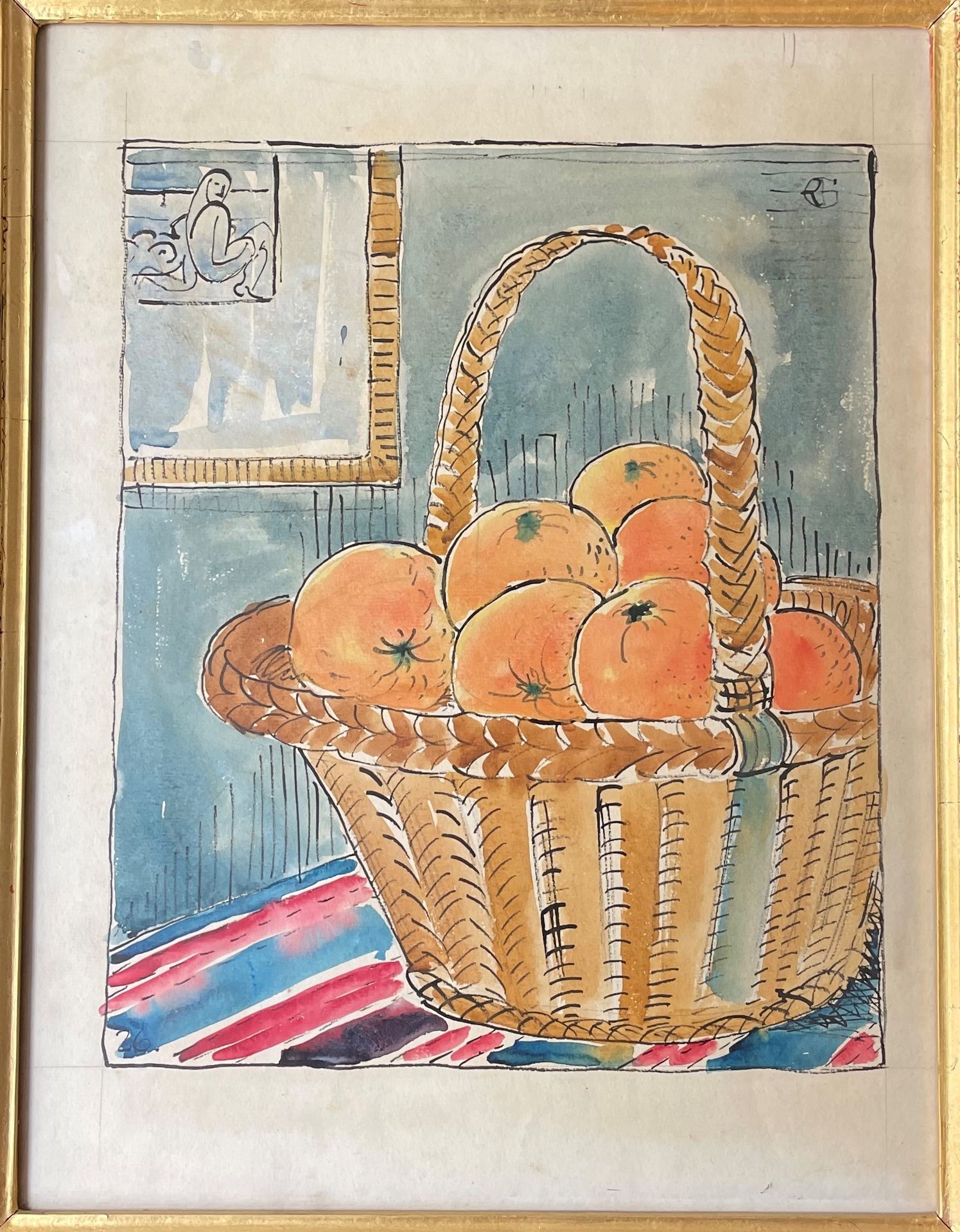 Null REGINALD GOODFELLOW (1894-1985) Cesta de naranjas acuarela y bolígrafo mono&hellip;