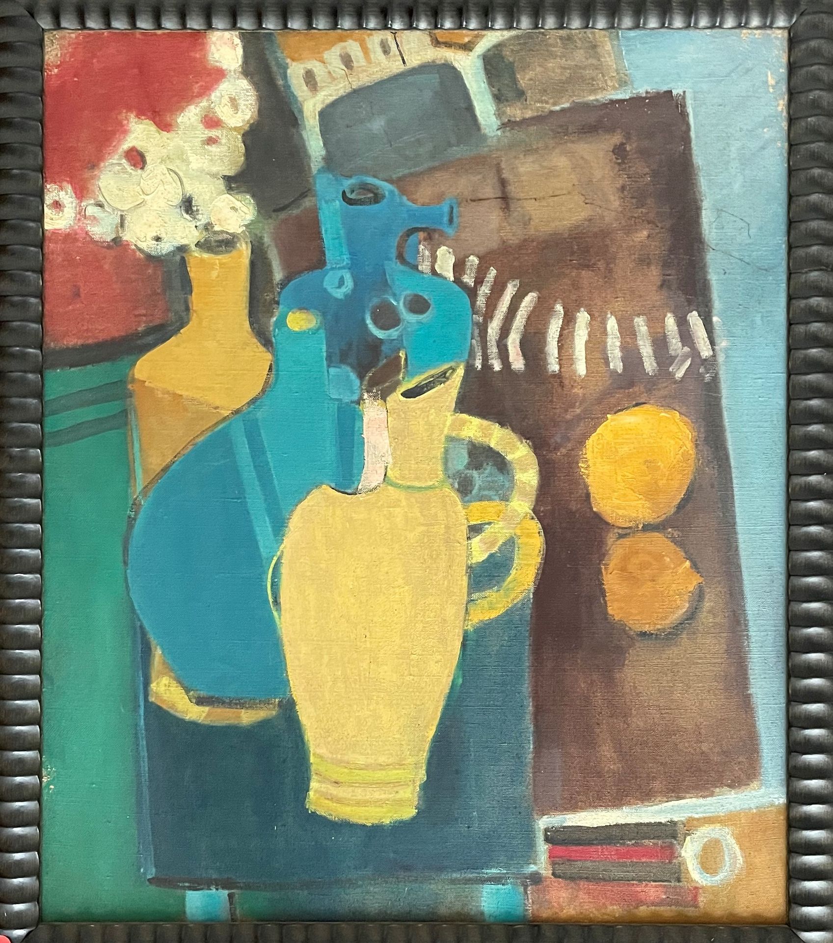 Null 20th century school Yellow and blue pitchers oil on canvas unsigned 

55x48&hellip;