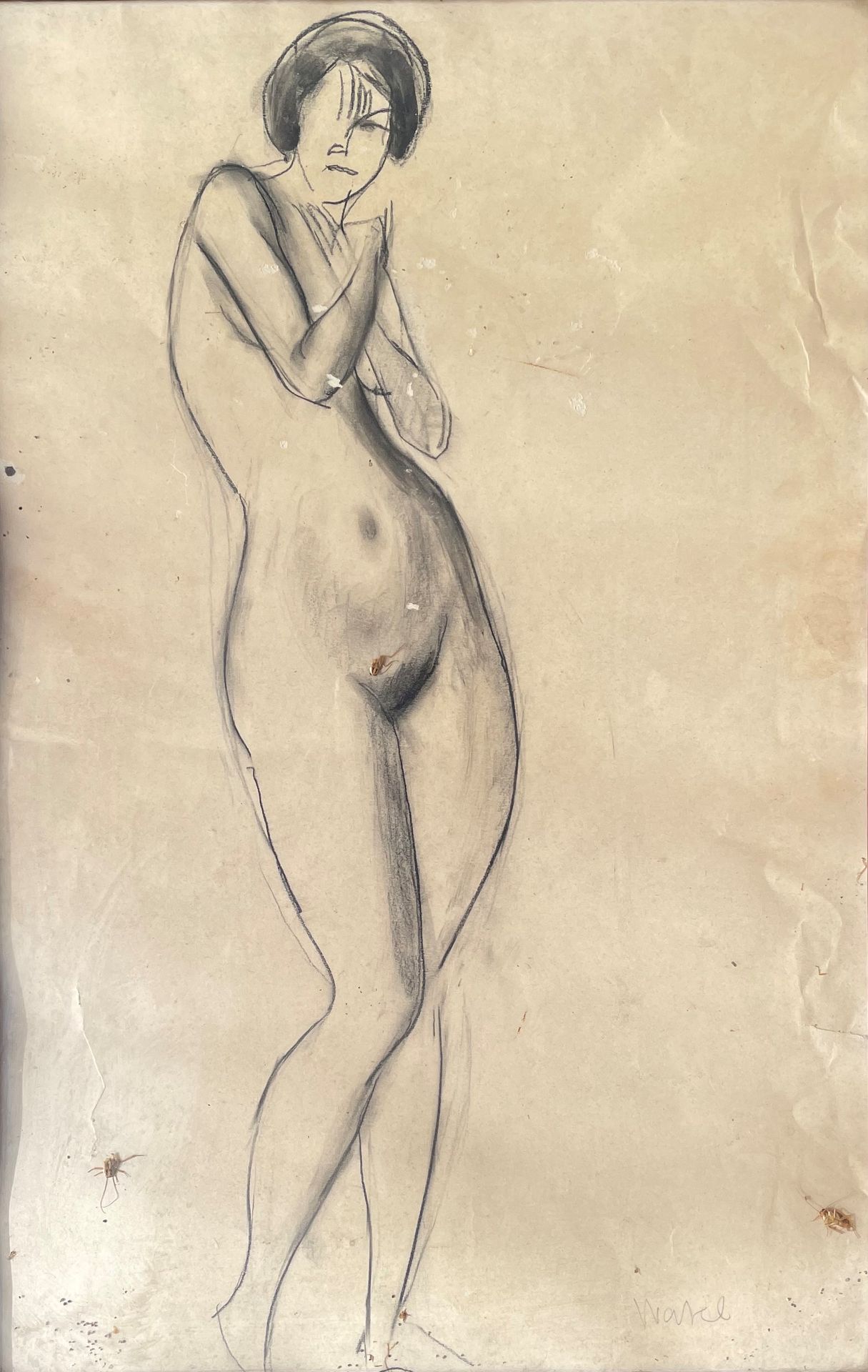 Null 瓦特尔（20世纪学校）女性裸体，铅笔画，右下角（玻璃框下）。

47,5x30,5cm

(有褶皱和污渍的痕迹)