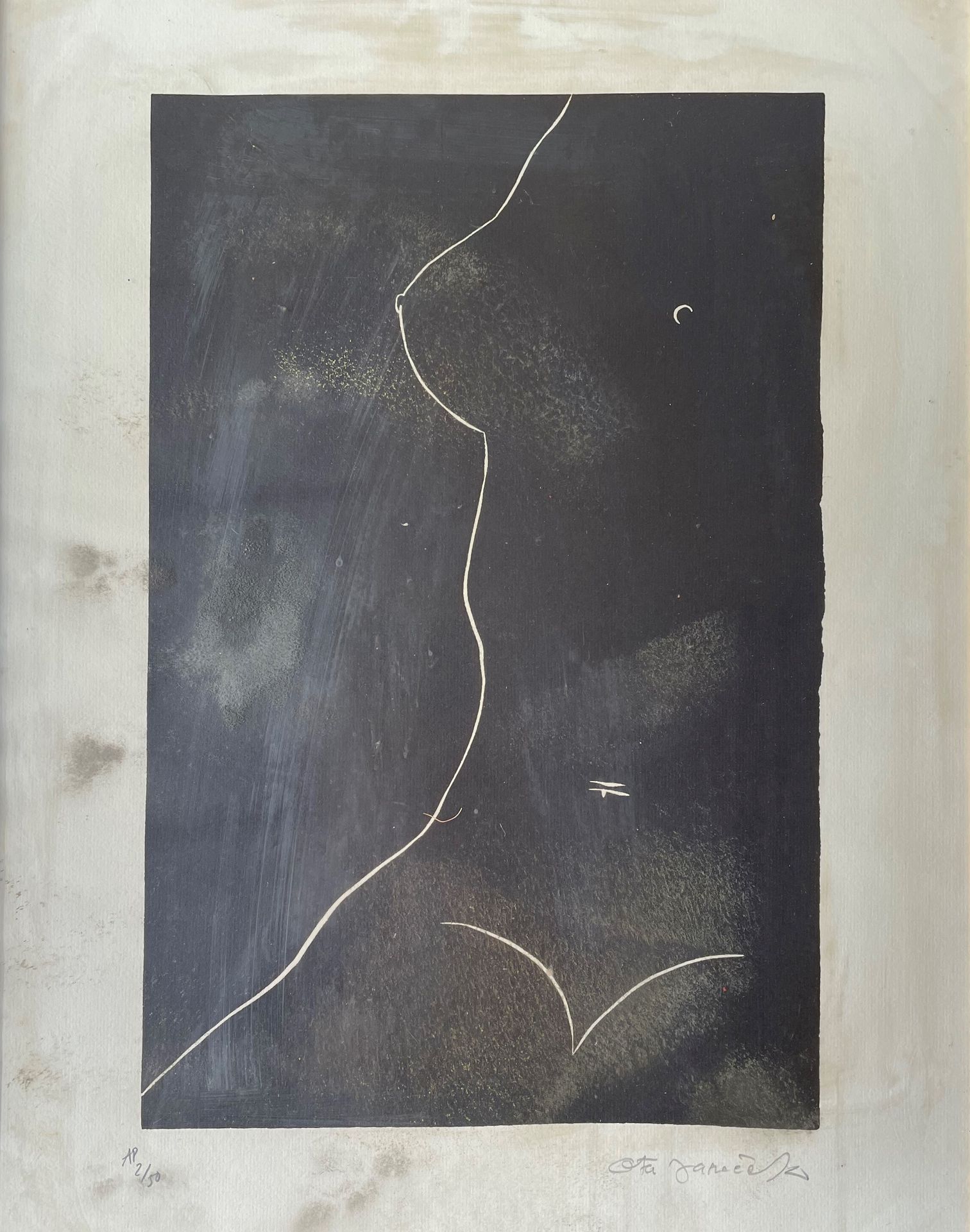 Null OTA JANECEK (1919-1996) 黑色背景上的裸体蚀刻版画，右下角有签名，编号2/50（玻璃框内）。

38.5x25.5厘米