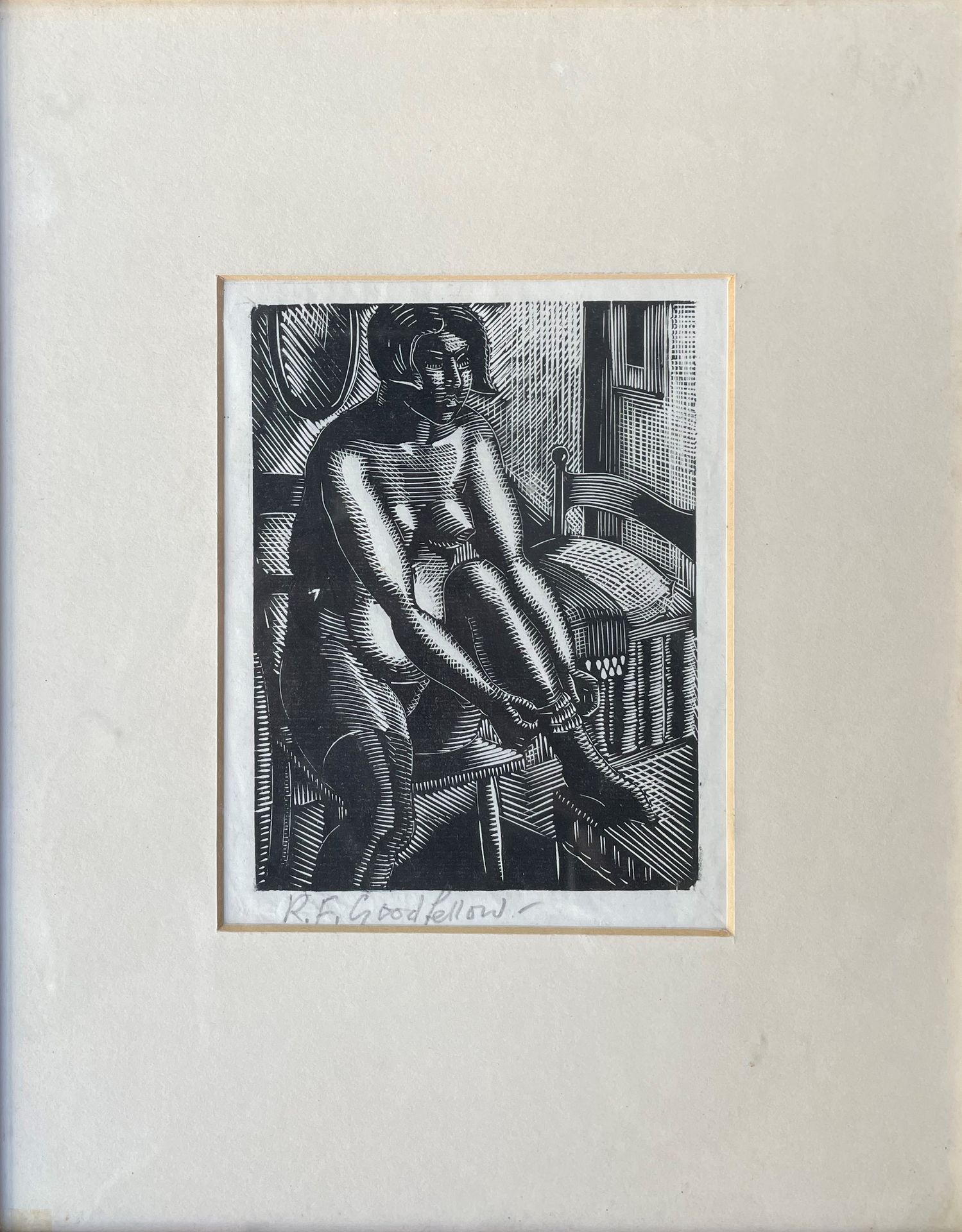 Null REGINALD GOODFELLOW (1894-1985) Femme enfilant son bas gravure sur bois sig&hellip;