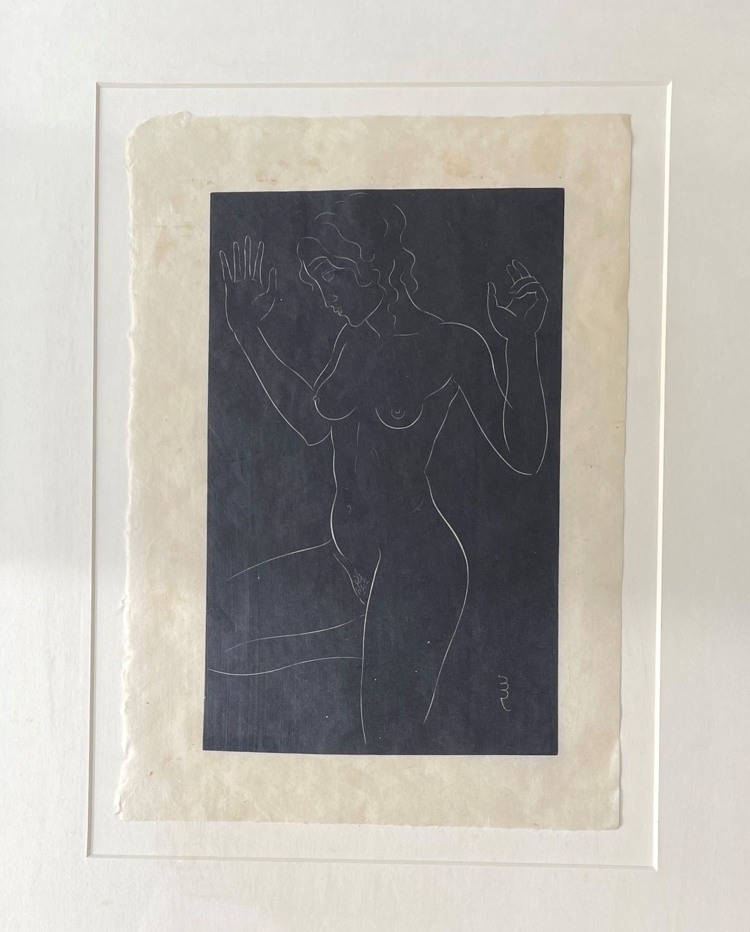 Null 埃里克-吉尔(18826-1940)举起手臂的裸体雕版，版上有字(玻璃下有框)

29x20厘米