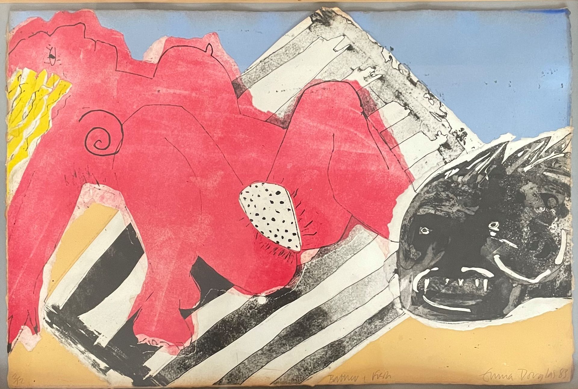 Null EMMA DOUGLAS (生于1956年) 沐浴的女孩和鱼 拼贴画和水彩画 右下方有签名和日期 83

38x56厘米