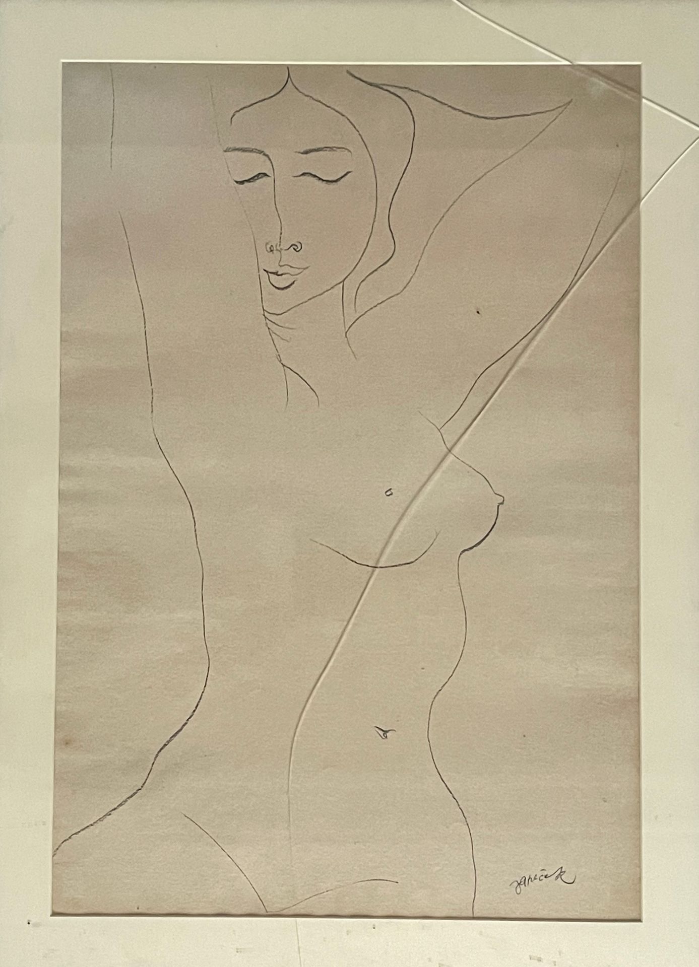 Null OTA JANECEK (1919-1996) 举起手臂的裸体画，右下方有签名

59x49.5厘米