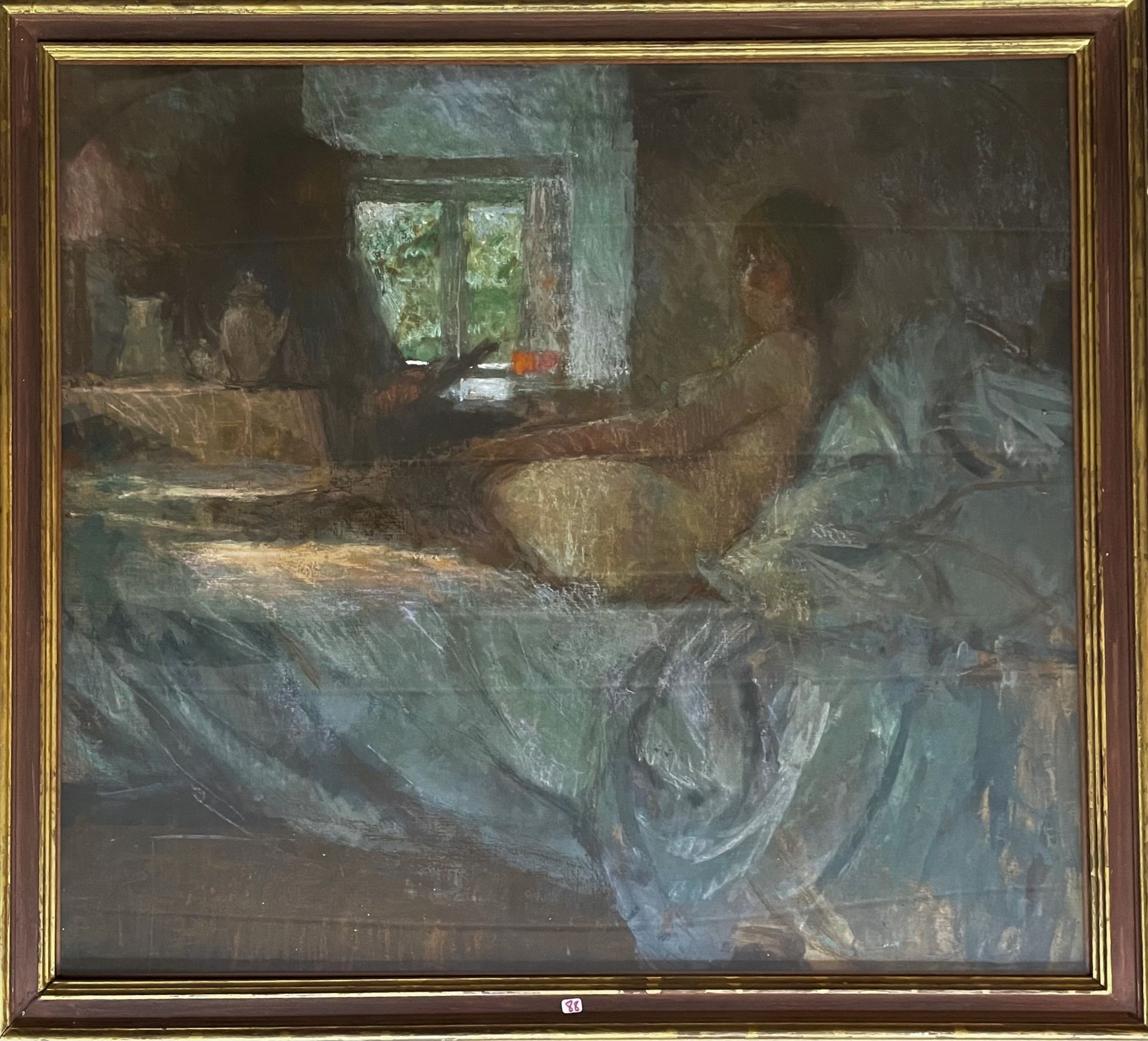 Null BERNARD DUNSTAN (1920-2017) 早晨，艺术家和他的妻子在他的工作室里坐着，没有署名的粉彩画，在玻璃下有框架，背面有标题和日期。&hellip;