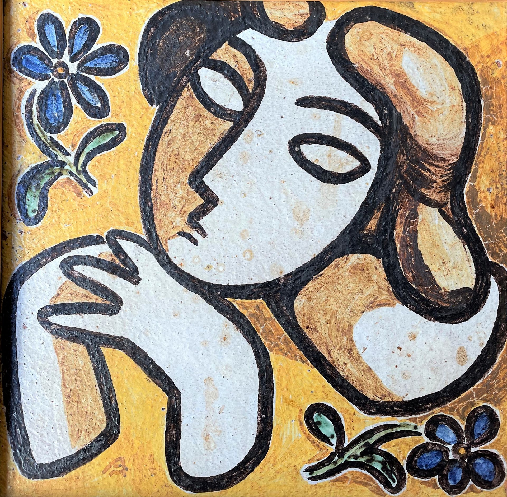 Null SARINA DA MAYO和MARY FEDDEN (1915-2002) 饰有蓝色花朵的女人 大型多色陶瓷砖，左下角标有AM字样

29x29厘米