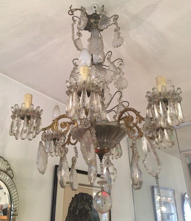 Null Chandelier and its Pair of 6 branches gilded metal sconces and glass cups