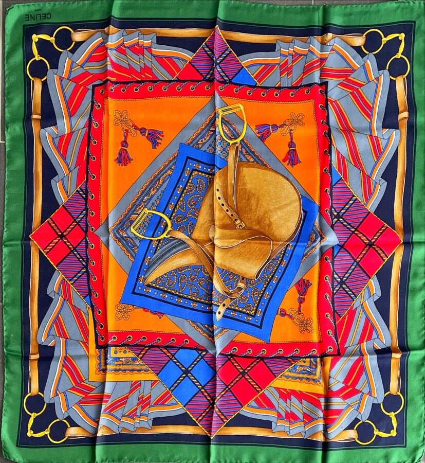 Null CELINE Selle foulard en soie polychrome bordure verte