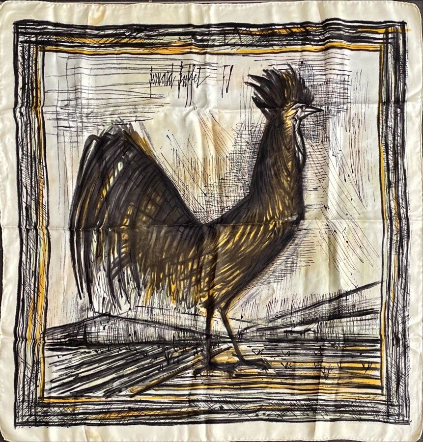 Null BERNARD BUFFET 59 The rooster silk scarf in brown and black ivory backgroun&hellip;
