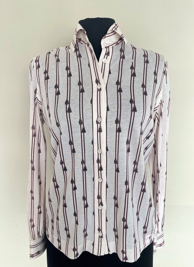 Null CELINE Bluse aus weißem Baumwolljersey mit Pompons in Rosa und Grau bedruck&hellip;