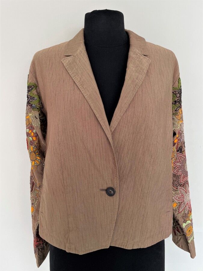 Null DRIES VAN NOTEN Chaqueta de seda y lino marrón con mangas bordadas - Talla &hellip;