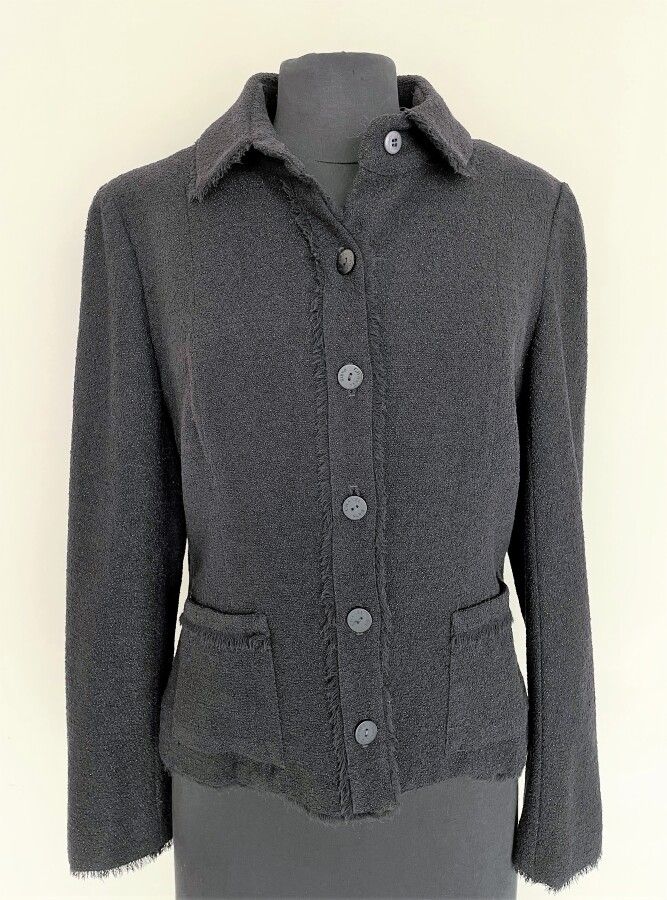 Null CHANEL Jacke aus schwarzem Wollstoff und Silberfäden mit Fransenrand Knopfl&hellip;
