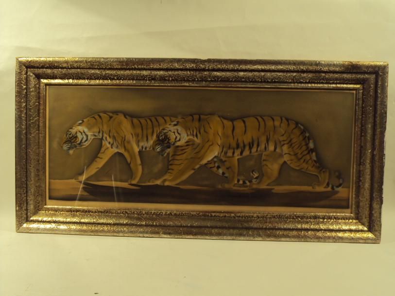 C. LASSALLE Tigres marchant estampe sous verre circa 1930 37,5x94 cm (a vue)