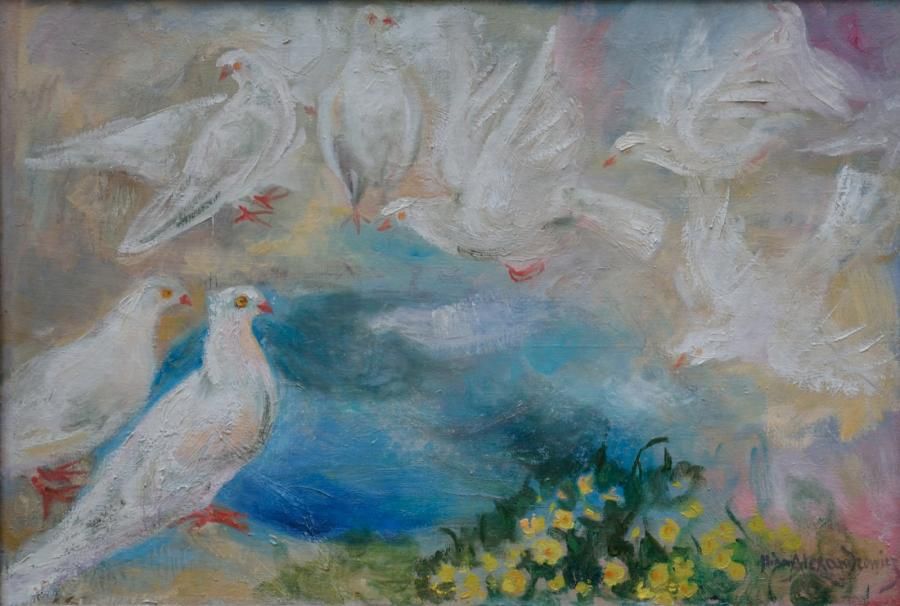 ALEXANDROWICZ Nina (Stanislawow 1877 - 1945 Pau) Les pigeons Huile sur toile Sig&hellip;
