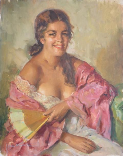 CRUZ HERRERA Jose Herrerilla (La Linea 1890 - 1972 Casablanca) Femme à l'éventai&hellip;
