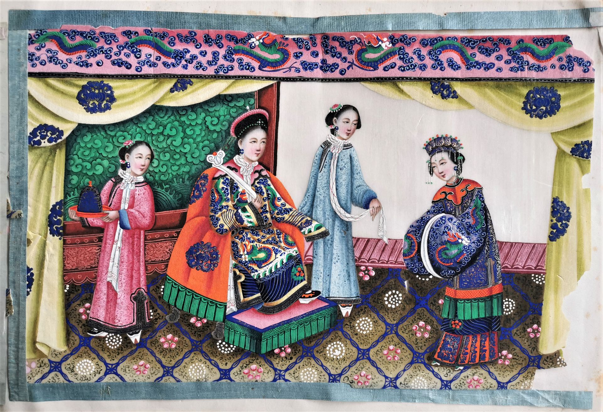 Peinture chinoise 宣纸上的中国画。包含12幅画的画册：皇帝宫殿的场景。中国，19世纪。
宣纸片装在纸上。20,5 x 33厘米。 (第一幅画已&hellip;