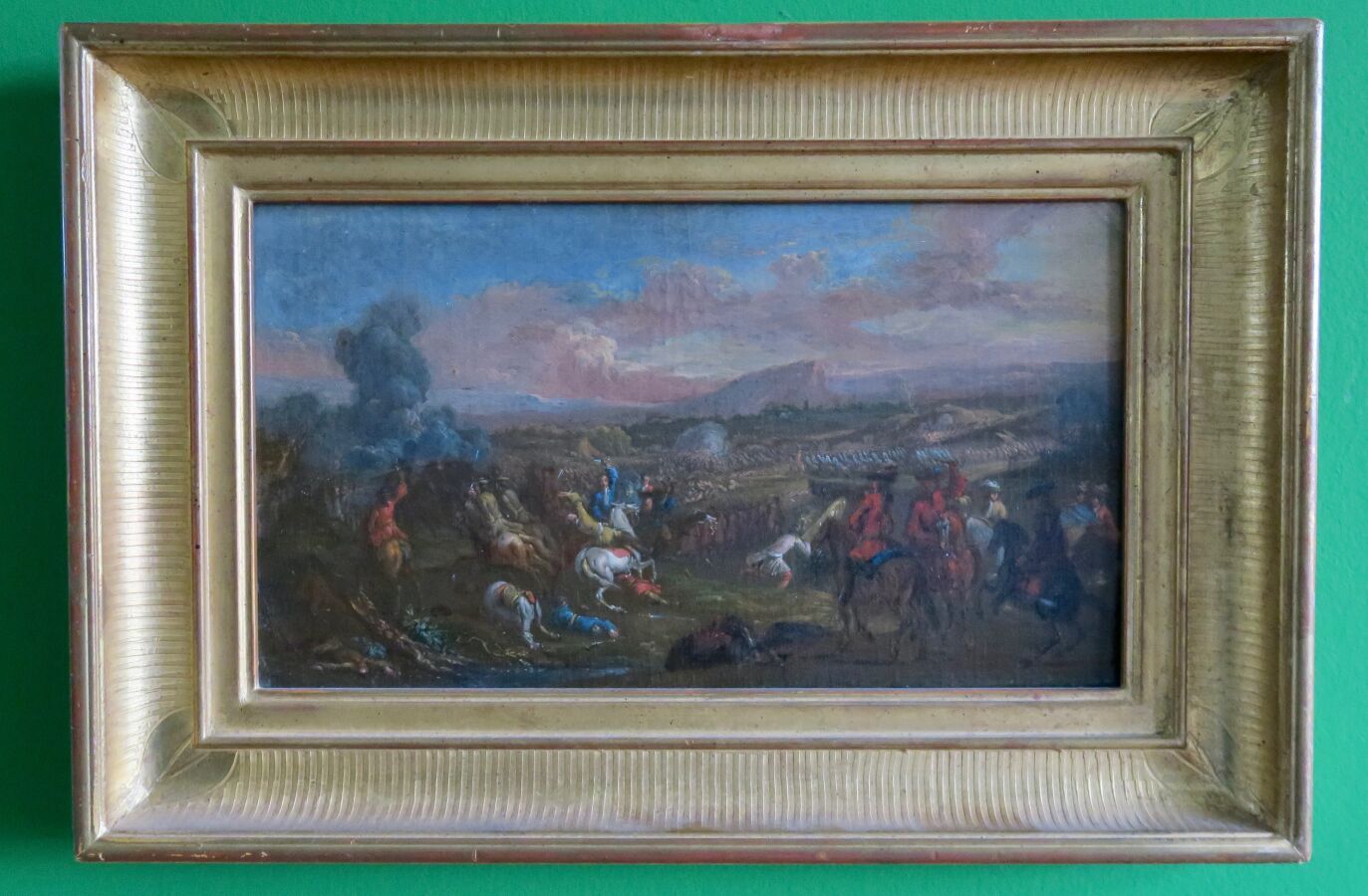 Null 战斗现场。粘贴在木头上的布面油画，骑兵和步兵在令人想起贝桑松的风景前（参照《冬宫里贝桑松前的路易十四》），十七世纪末。视力大小为31.5 X 18厘米&hellip;