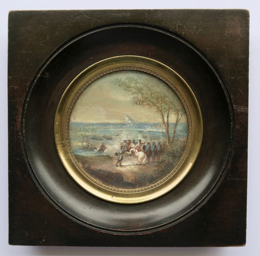 Null 根据范-德-穆伦1672年6月12日在荷兰战争期间路易十四的军队在托尔韦斯渡过莱茵河的主题创作的微型画，木质框架，铜质边框，视线上76毫米。