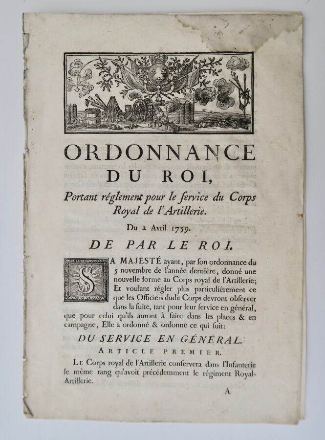 Null 1759年4月2日罗伊的命令 "关于皇家炮兵部队服务的规定"，20页，28.5 x 19.5厘米。使用状况。