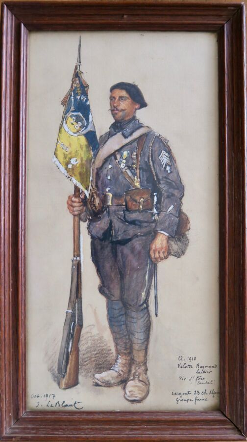 Null 第28届高山猎手的中士在他的步枪上扛着国旗，签名为 "1917年8月J.Leblant"。 视线大小为33.5 x 17厘米。朱利安-勒布朗特，法国画&hellip;