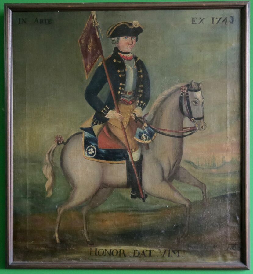 Null 布面油画，骑兵标兵。身着蓝色制服的骑手，手持红色标准，腰带和腰带上有花纹，标有 "HONOR DAT.VIM"。EX 1741"。视线尺寸70,5 x&hellip;