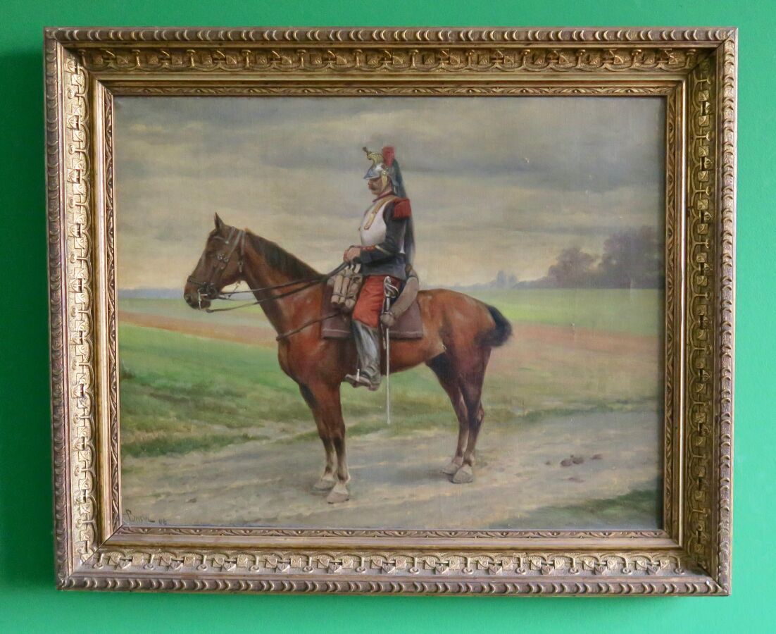 Null Huile sur toile représentant un cuirassier à cheval devant un paysage. Sign&hellip;