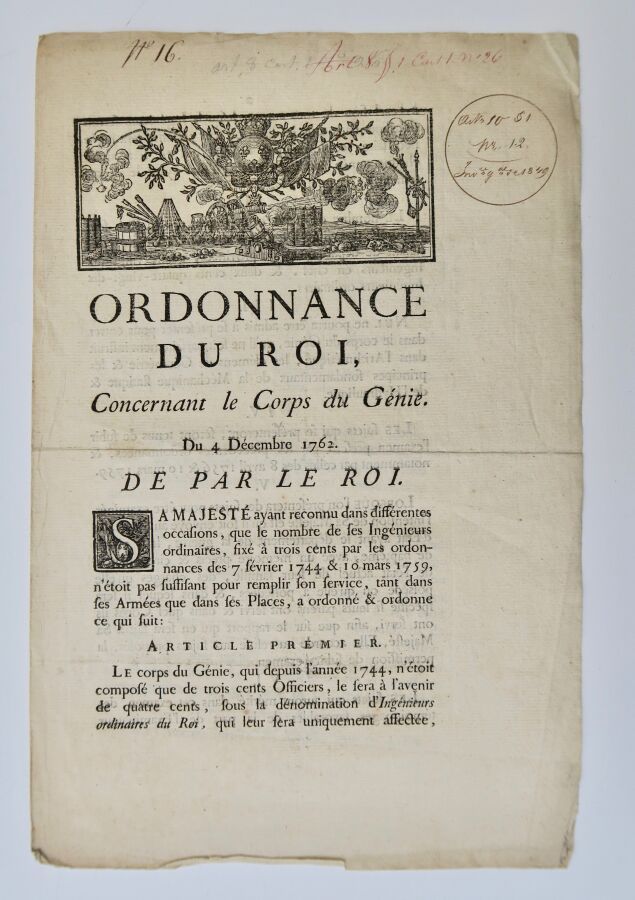 Null Ordonnance du Roy "Concernant le Corps du Génie" del 4 dicembre 1762, 4 pag&hellip;