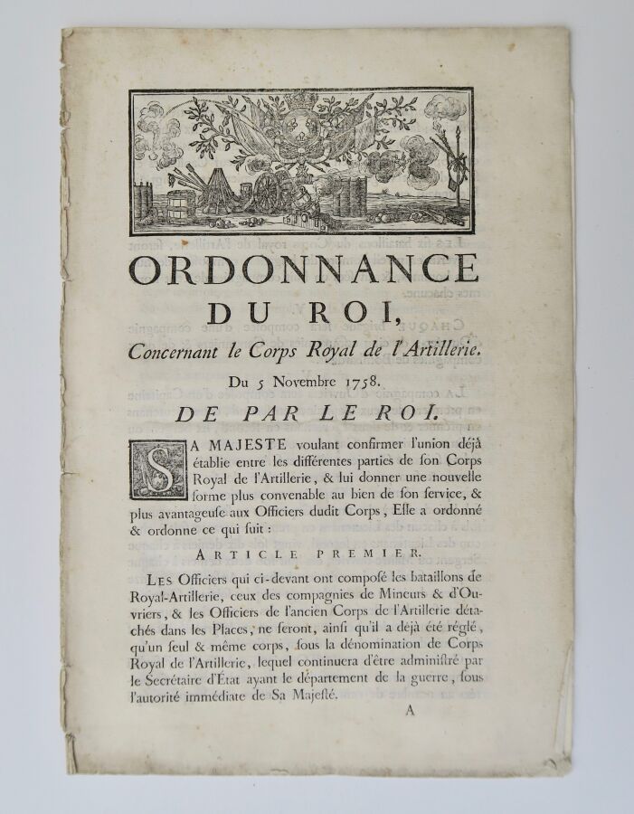 Null 1758年11月5日罗伊 "关于皇家炮兵部队 "的命令，121页，28.5 x 19.5厘米。使用条件。