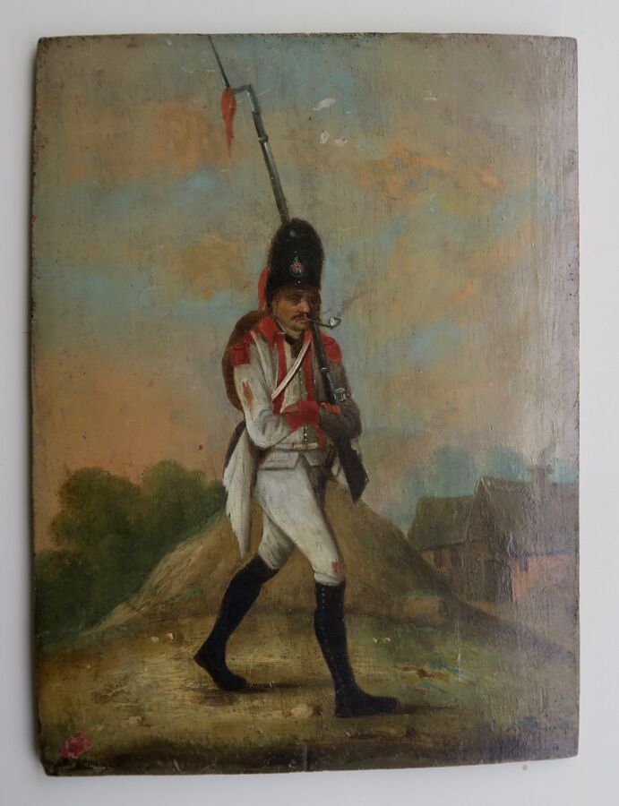 Null Oil on wood panel, Grenadier on the march, in white uniform with red lapel,&hellip;