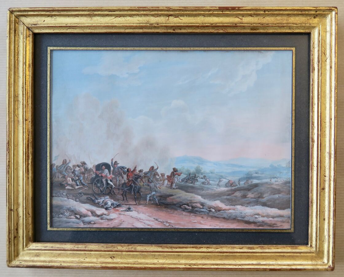 Null Attaque d'un convoi, sehr feine Gouache, die Van Blarenberghe um 1760 zuges&hellip;