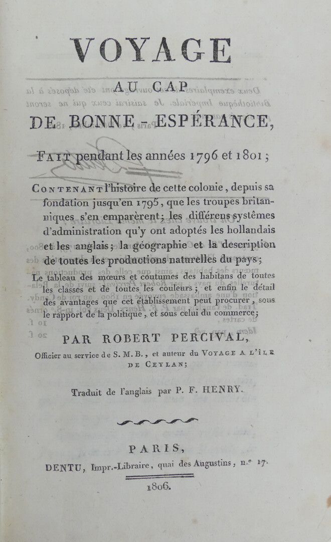 Null PERCIVAL（罗伯特）。VOYAGE AU CAP DE BONNE-ESPÉRANCE，在1796和1801年期间进行。巴黎，丹图，1806年。&hellip;